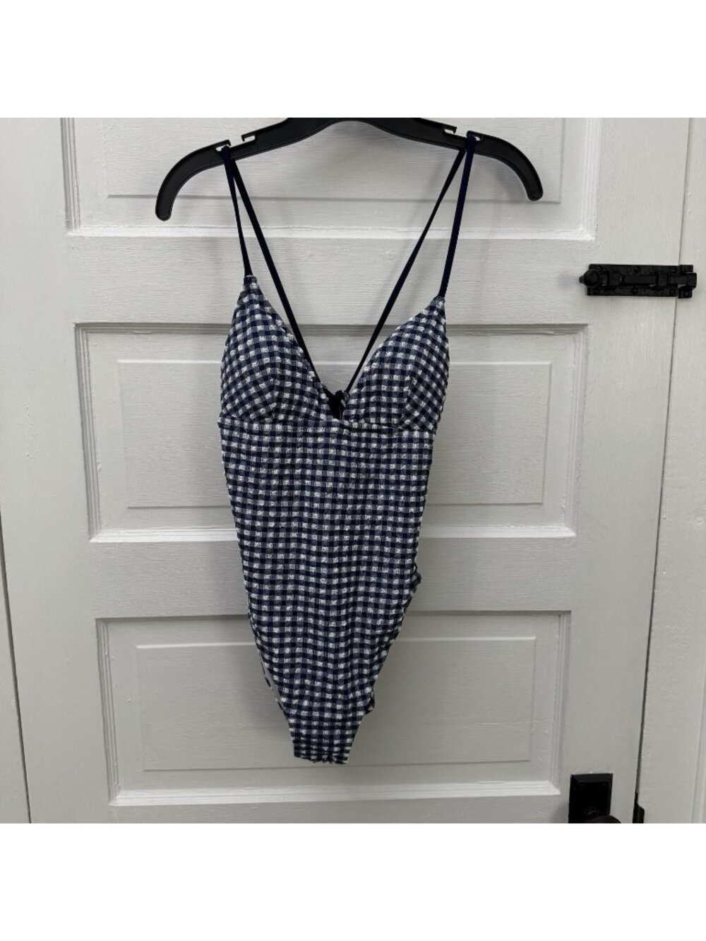J.Crew Strappy One Piece Swimsuit 8 Navy Gingham Plunge Wrap Tie Back